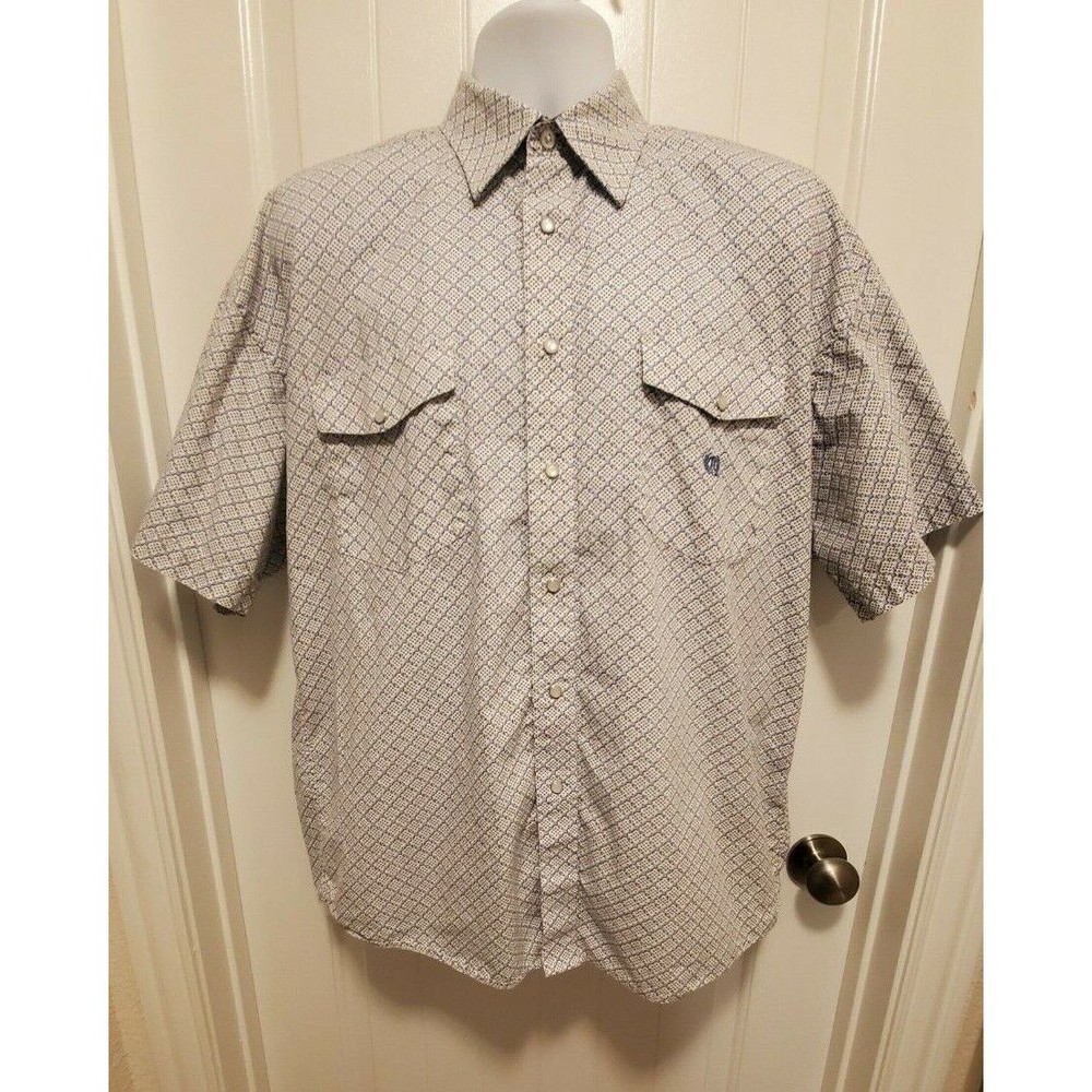 Panhandle Slim Western Shirt Size L Pearl Snap Short Sleeve White Blue‎ EUC